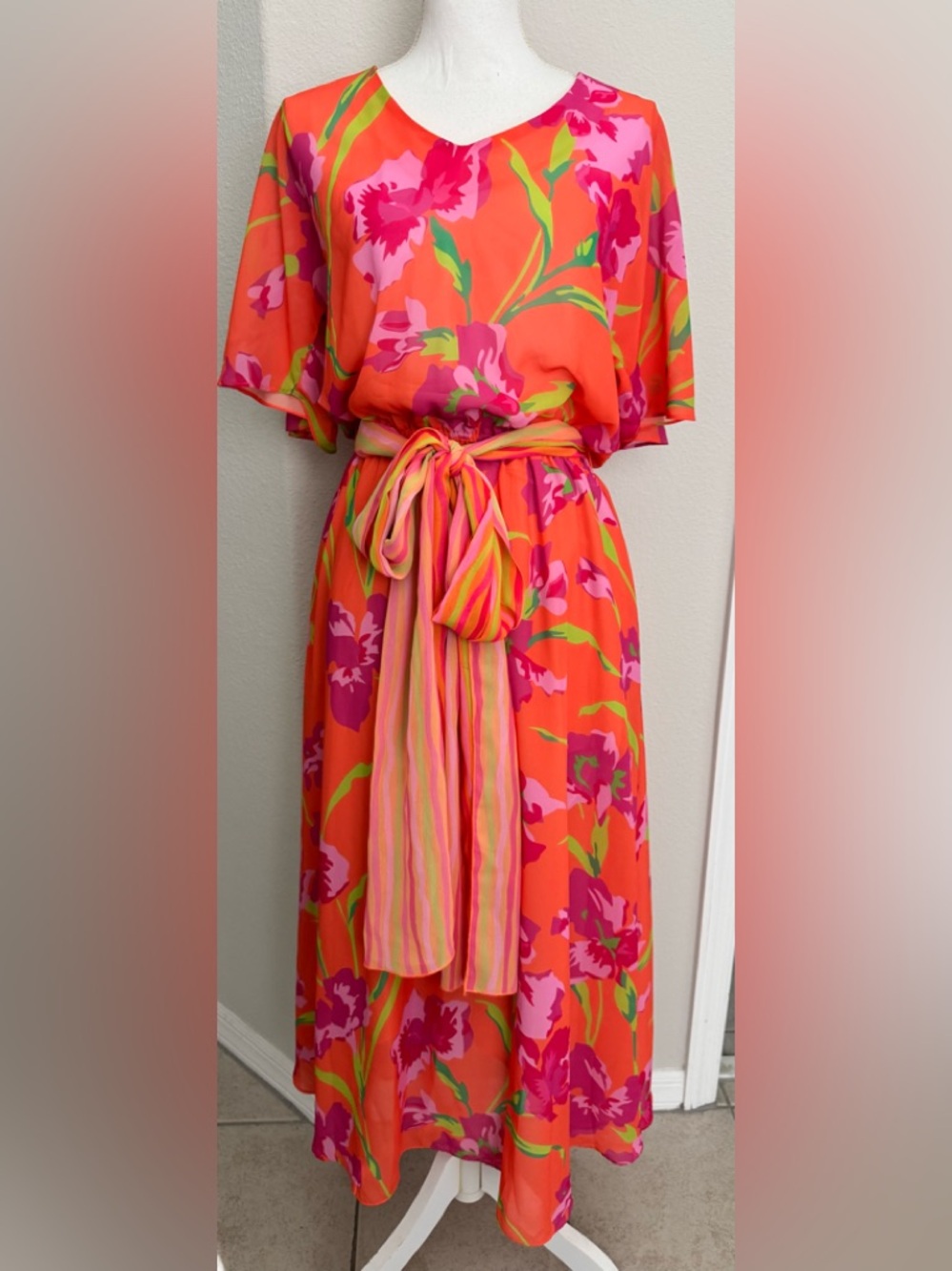 Gretchen Scott Designs Vibrant Orange Pink Floral Midi Dress